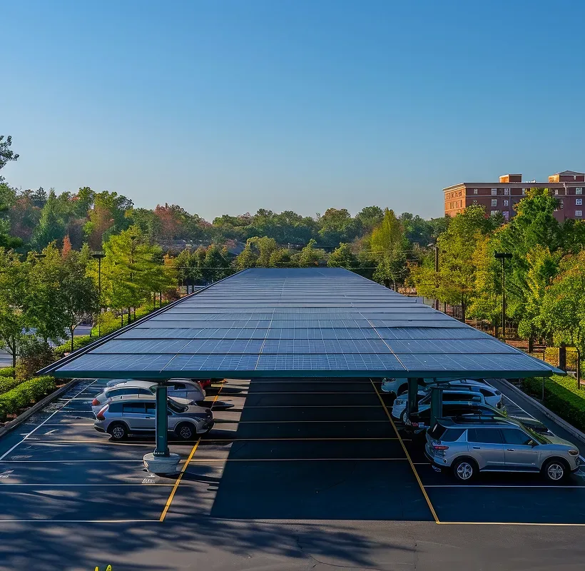 Long-span solar carport canopy over a tree-lined commercial parking lot