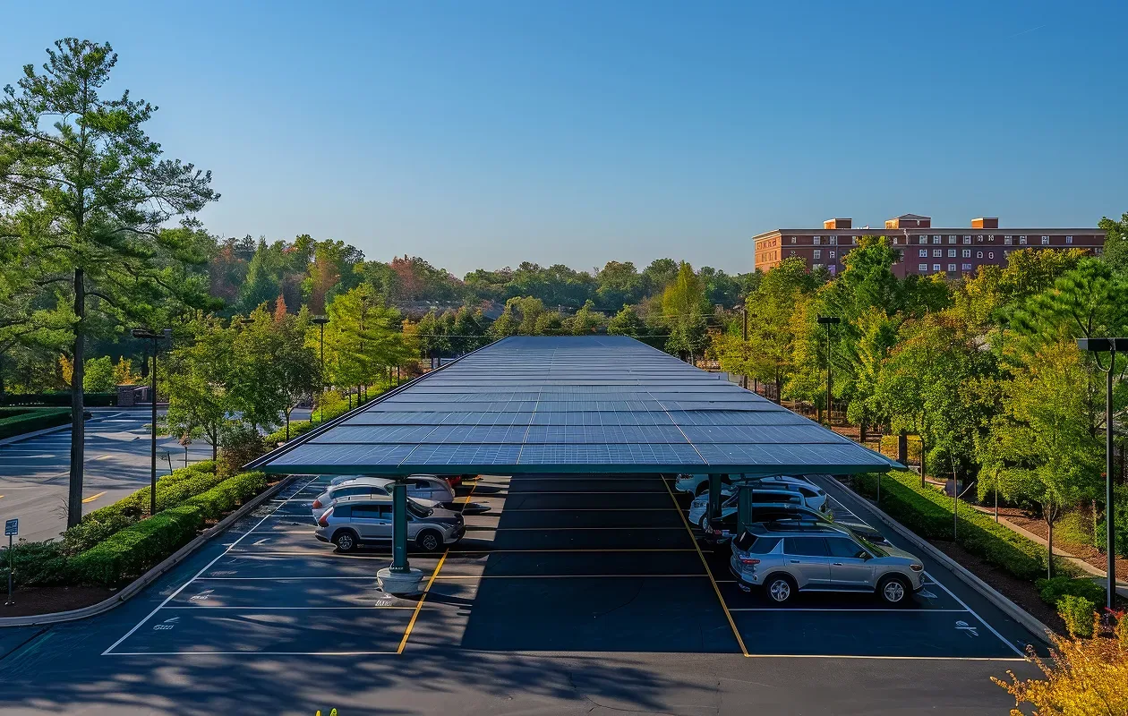 Solar carport canopy with integrated solar panels installed above a row of parking spaces